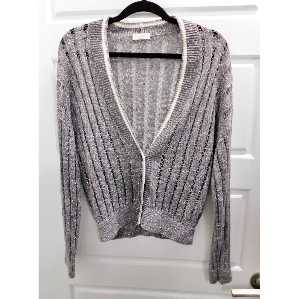 Brunello Cucinelli Linen Nylon Gray Cardigan Sequin Detail Sweater Italy sz M